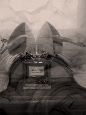 An artistic photograph of some perfume and shoes