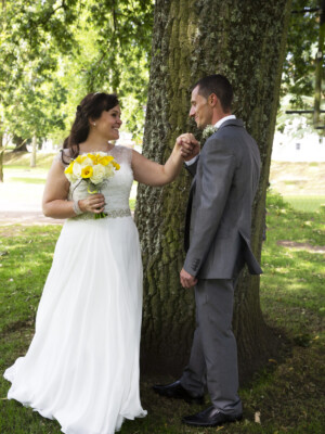 A well shot photo of a groom and a bride.
