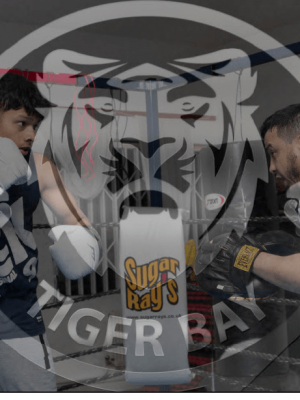 A well shot photo of two men in a boxing sparring with a logo in the foreground.