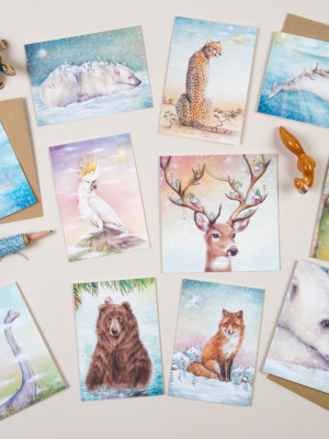 A well shot photo of some gift cards with animals on them.