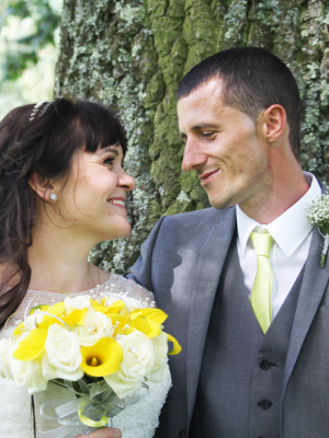 A well shot photo of a groom and a bride.